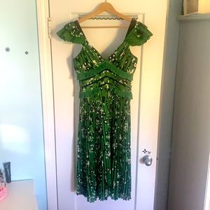 self portrait green floral printed pleated dress
